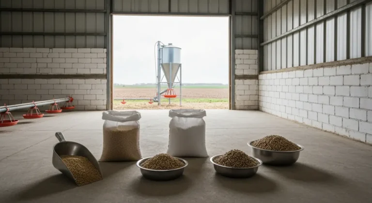 Trzy miski granulatu paszy dla brojlerow - starter, grower i finiszer - na tle silosu i linii paszowej w kurniku