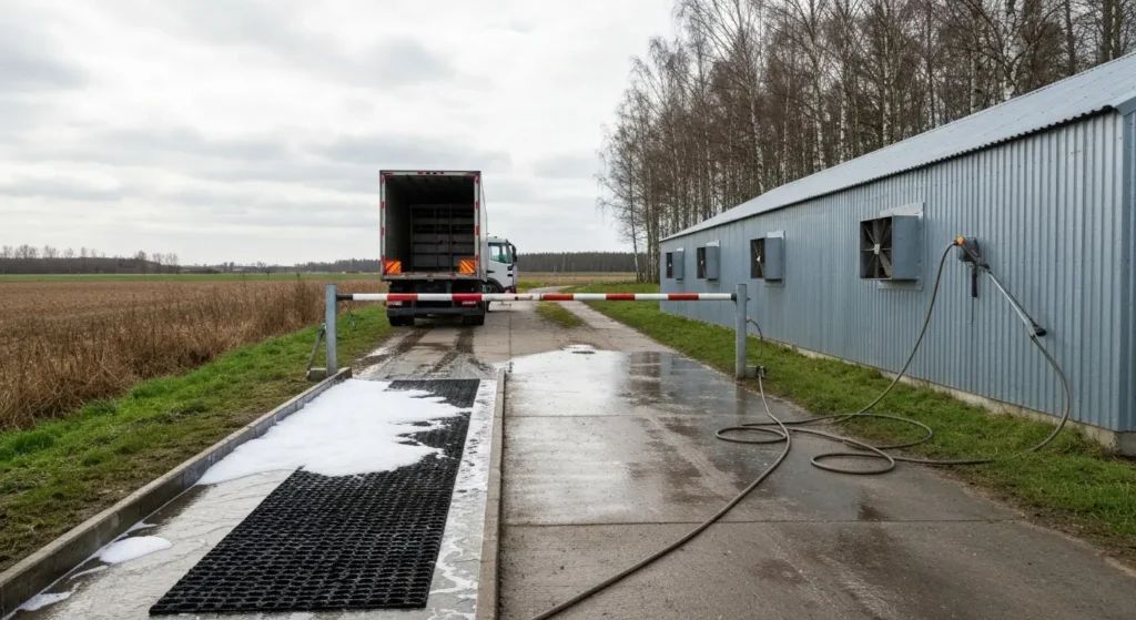 Dezynfekcja pojazdów na fermie drobiu: brama, maty i procedura dla transportu