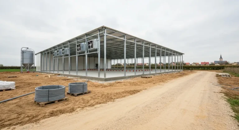 Budowa nowoczesnej hali dla brojlerow na polskiej wsi, silos paszowy i instalacje pojenia przed montazem