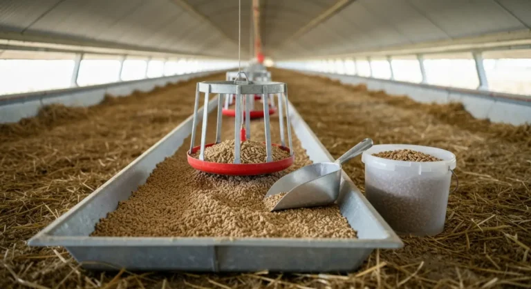 Metalowy karmnik z granulowana pasza grower w kurniku brojlerow na wielkopolskiej fermie