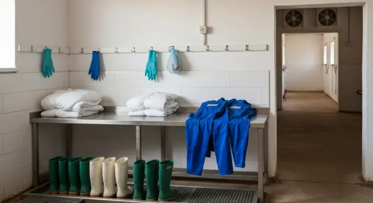 Sluza higieniczna na fermie drobiu - zlozone kombinezony ochronne, gumowe buty w macie dezynfekcyjnej i rekawice na wies