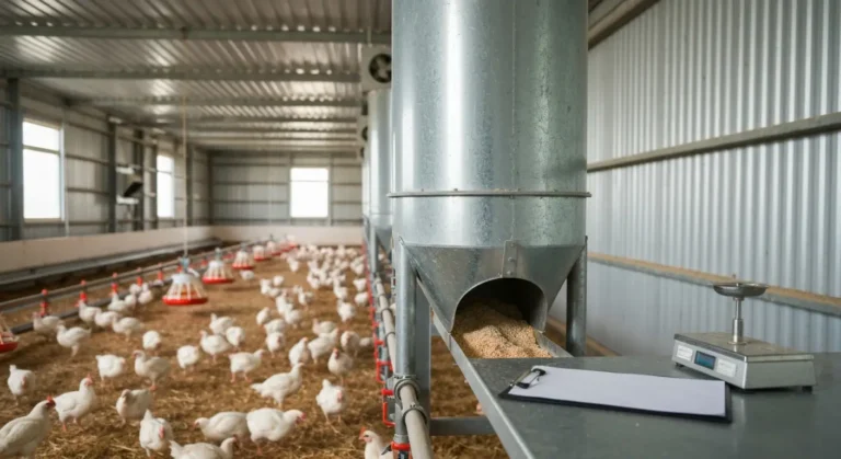 Silos paszowy i automatyczna linia karmienia w kurniku brojlerów, w tle biale kurczaki na sciolce