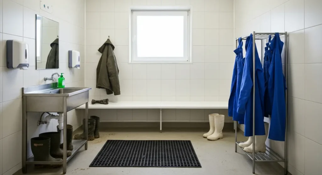 Śluza sanitarna na fermie drobiu: układ strefy czystej i brudnej oraz wyposażenie