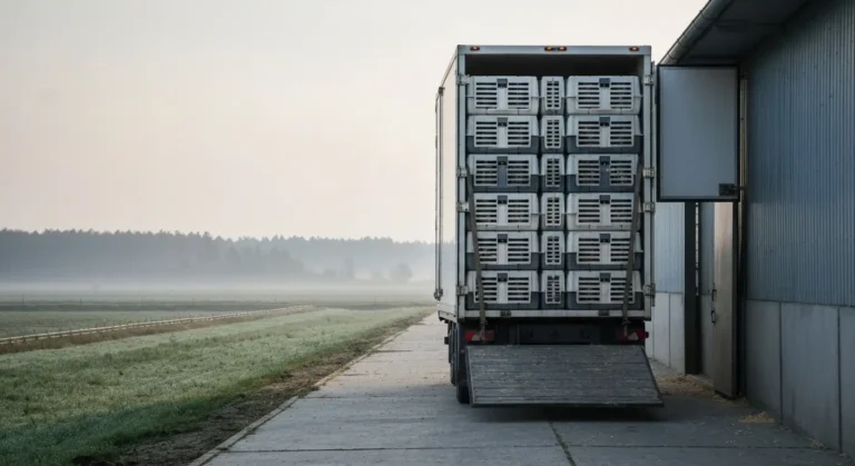 Ciezarowka z pustymi kontenerami transportowymi przy kurniku brojlerow na wielkopolskiej fermie o poranku