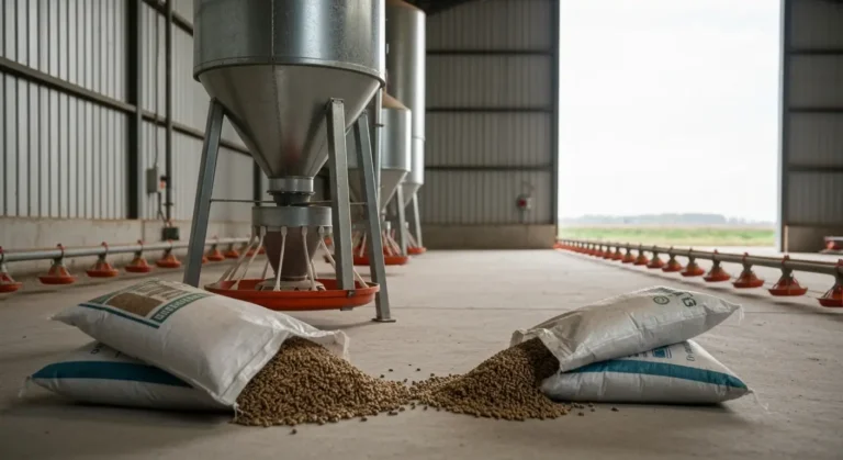 Silos paszowy i linia karmienia w kurniku brojlerow oraz otwarte worki z granulatem grower i finisher