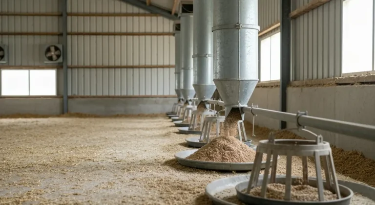 Silos paszowy i linia karmienia z granulatem dla indykow w hali fermy drobiu