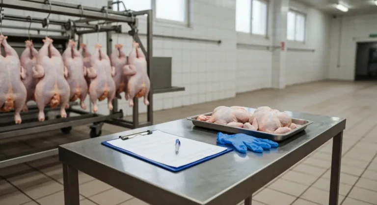 Stol kontrolny w ubojni drobiu z tuszkami brojlerow i pustym formularzem oceny zmian poubojowych